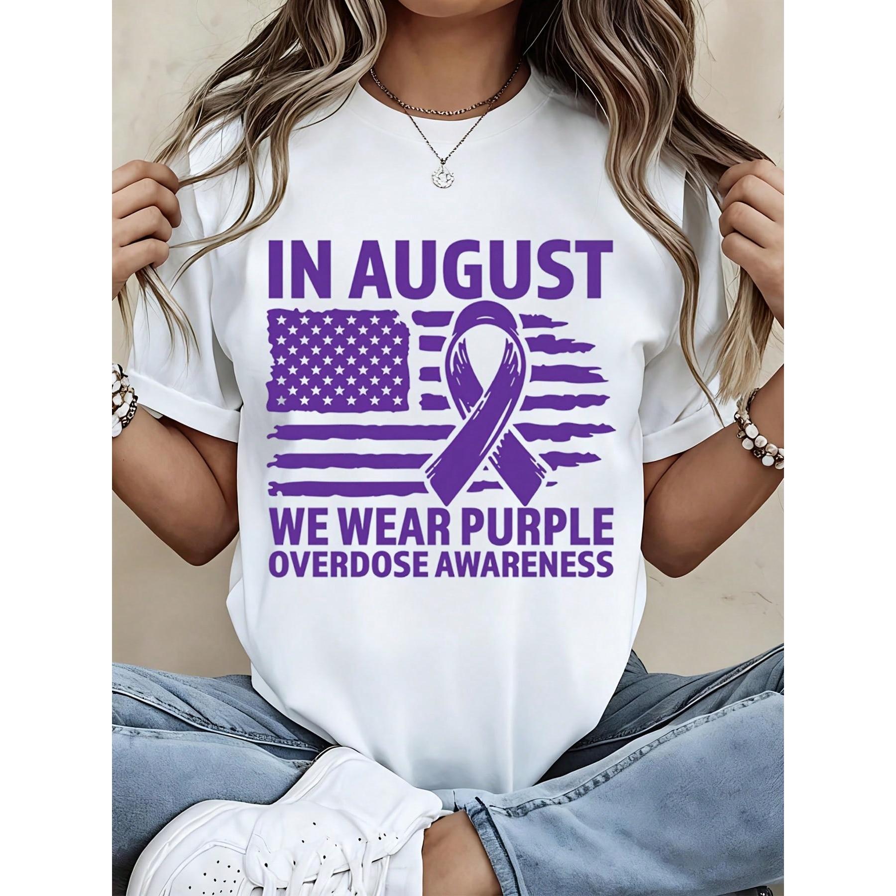 Women Casual T Shirt White In August We Wear Purple Overdose Awareness Ribbon American Flag Print Summer Streetwear Top