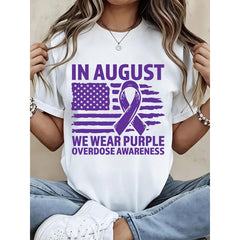 Women Casual T Shirt White In August We Wear Purple Overdose Awareness Ribbon American Flag Print Summer Streetwear Top
