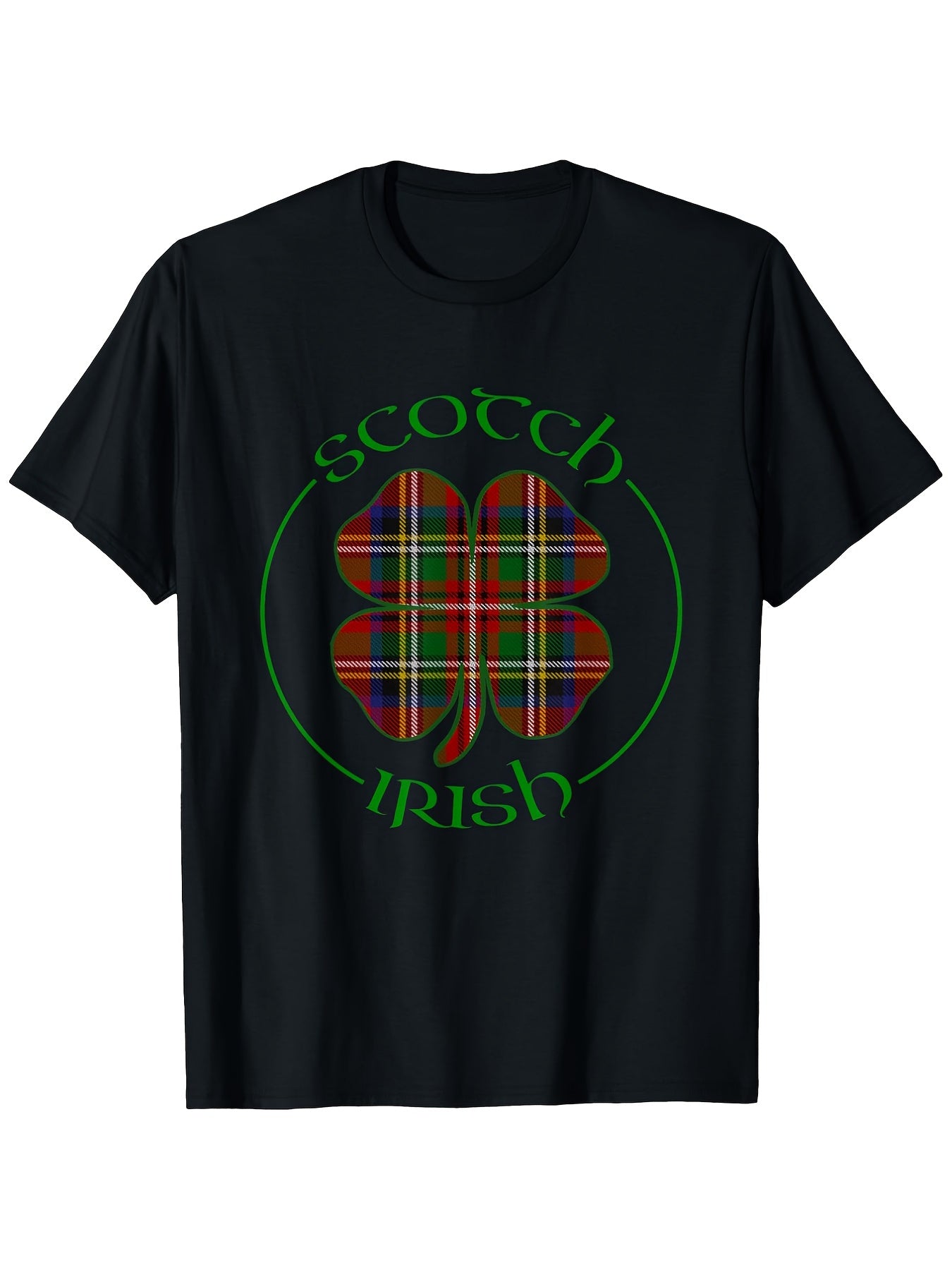 Scots-Irish Heritage Shamrock Graphic T-Shirt, Celtic Plaid Clover Print Crew Neck Short Sleeve Tee, Irish Pride Casual Shirt for Men & Women