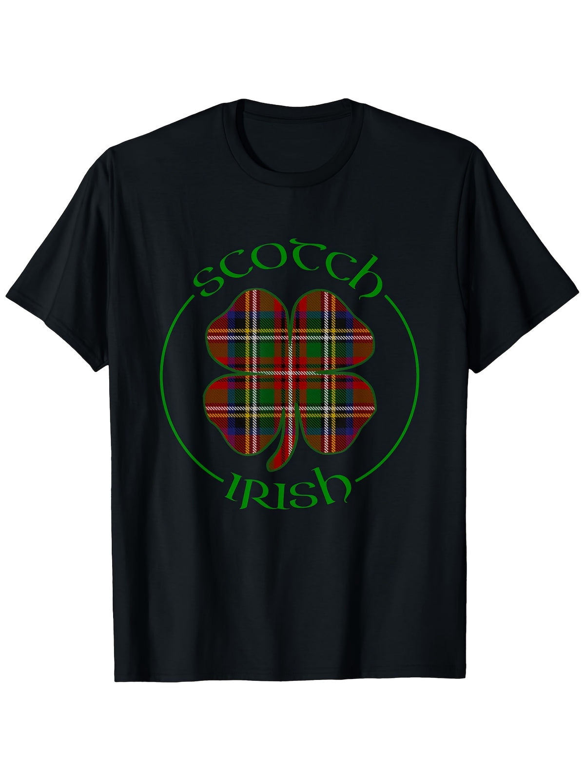 Scots-Irish Heritage Shamrock Graphic T-Shirt, Celtic Plaid Clover Print Crew Neck Short Sleeve Tee, Irish Pride Casual Shirt for Men & Women