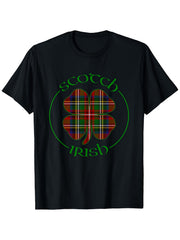 Scots-Irish Heritage Shamrock Graphic T-Shirt, Celtic Plaid Clover Print Crew Neck Short Sleeve Tee, Irish Pride Casual Shirt for Men & Women