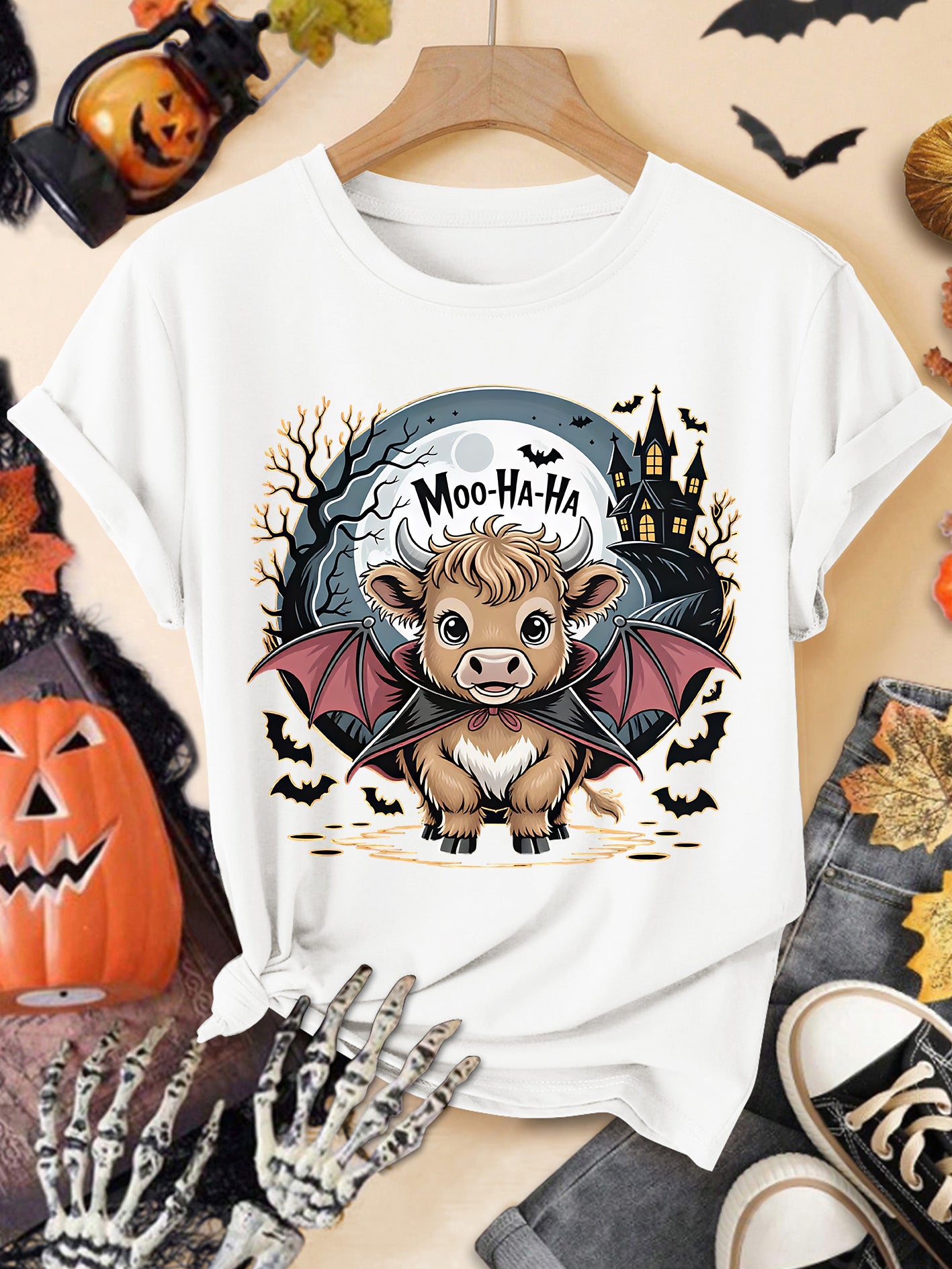 Moo-Ha-Ha T-Shirt Halloween Highland Cow Vampire Bat Tee