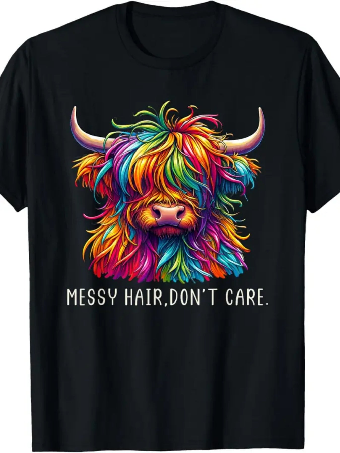 Unisex Retro Graphic T-Shirt -Messy Hair Don't Care Retro Highland Cow Graphic Tee for Men Women, Cute Scottish Cattle Short Sleeve T-Shirt, Casual Crew Neck Top for Cow Lover Gift