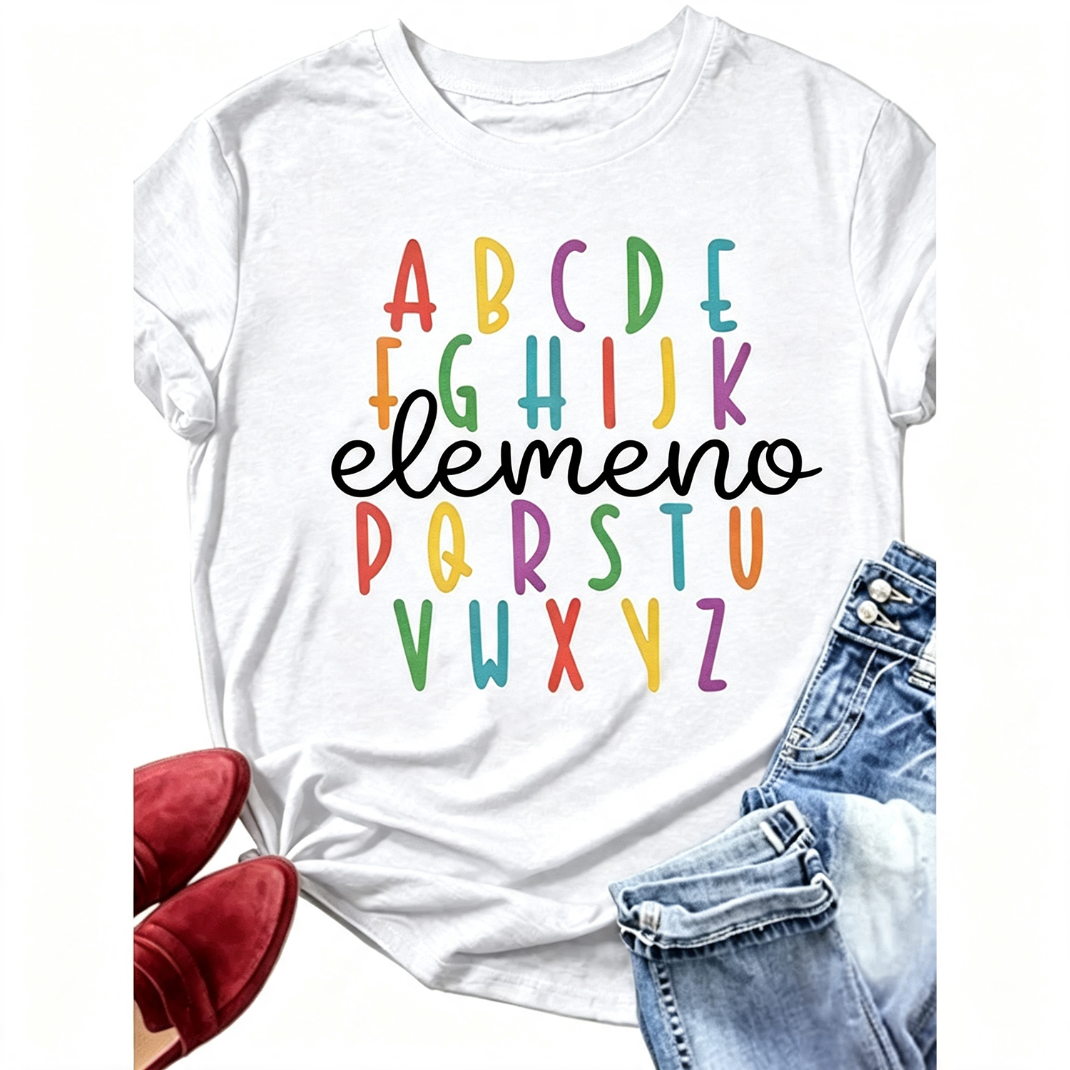 Elemeno ABC Alphabet Graphic T‑Shirt for Women, Retro Colorful Teacher Casual Short Sleeve Back To School Tee