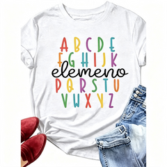Elemeno ABC Alphabet Graphic T‑Shirt for Women, Retro Colorful Teacher Casual Short Sleeve Back To School Tee