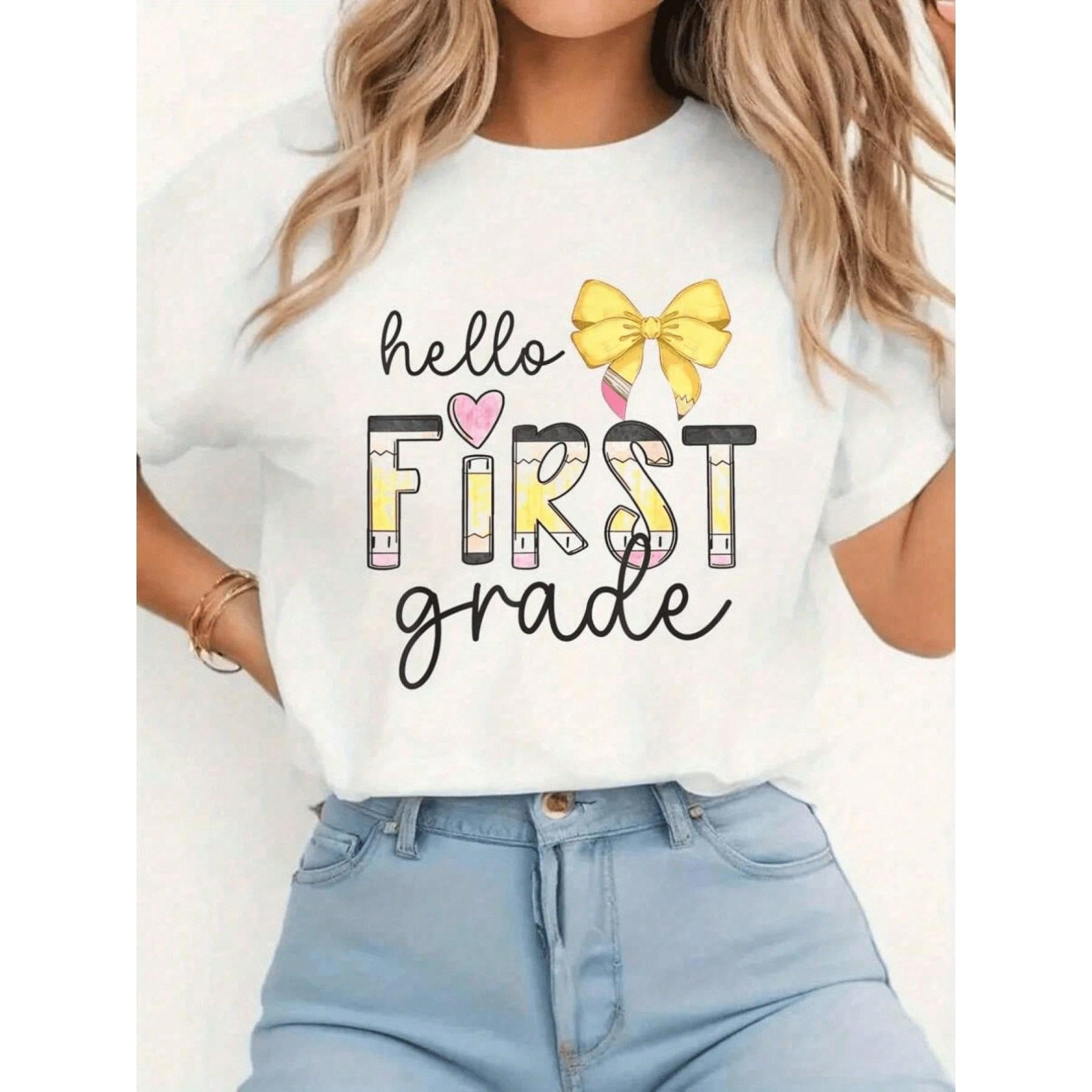 Women's White First Grade Teacher T-Shirt With Pencil Bow & Back To Graphic - Loose Fit Short Sleeve Crew Neck Top