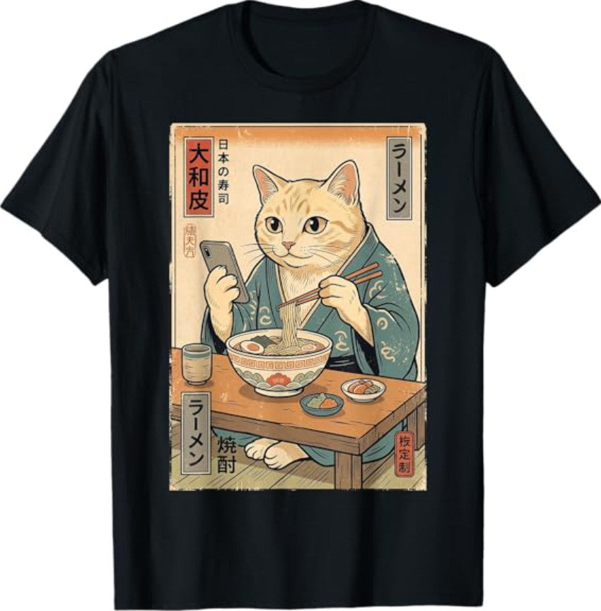 Funny Cat Eating Ramen Retro Japanese T-Shirt