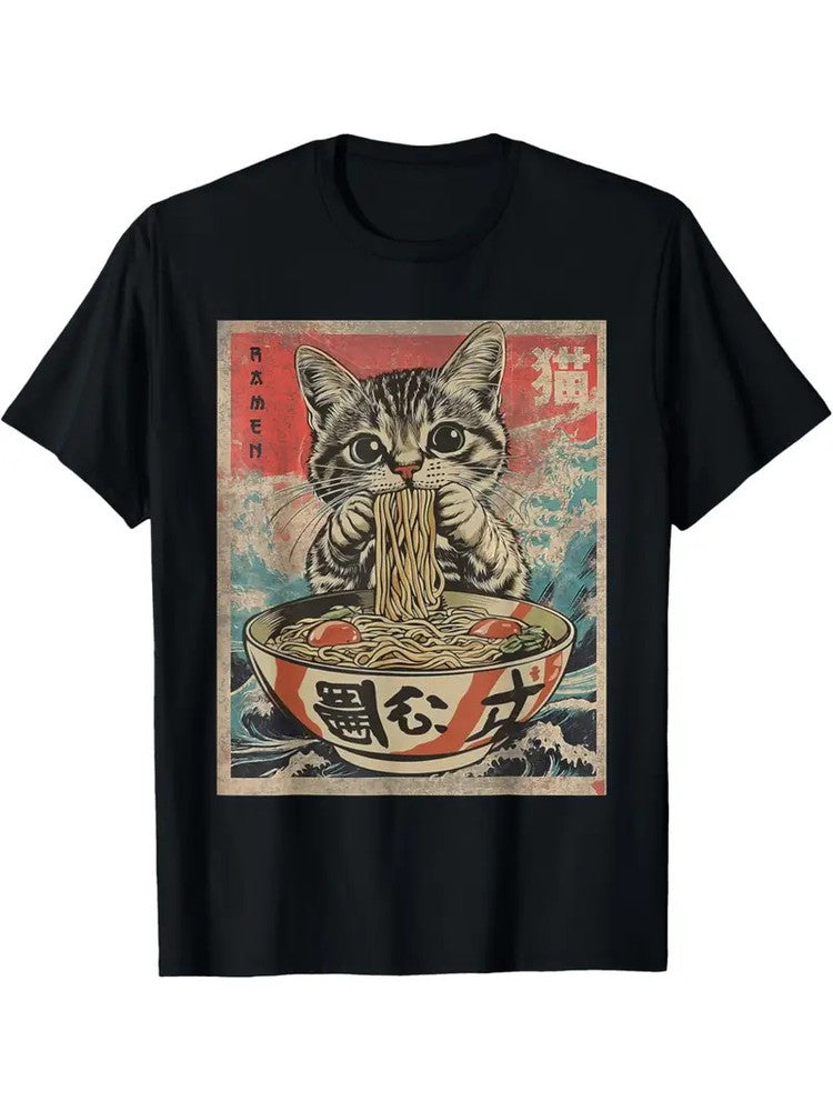 Cat eating ramen kawaii anime Japanese food T-shirt