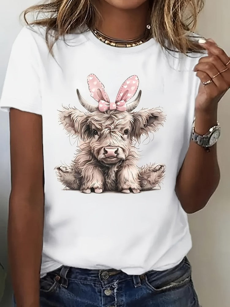Women's Highland Cow Graphic T-Shirt Cute Farm Animal Casual Summer Tee Top