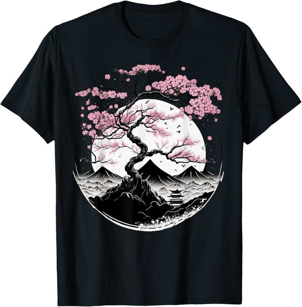Mens Womens Japanese Cherry Blossom T-Shirt Zen Garden Moon Pagoda Tee