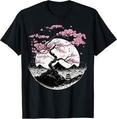 Mens Womens Japanese Cherry Blossom T-Shirt Zen Garden Moon Pagoda Tee
