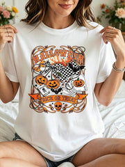Halloween Graphic, Casual Short Sleeve, Women's T-Shirt, Pumpkin Skull Trick