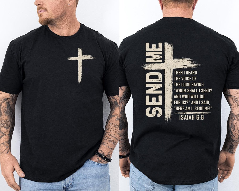 Send Me Isaiah 6:8 Christian Cross Here Am I Send Me Retro Front & Back T-Shirt