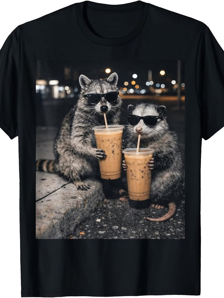 Retro Raccoon & Opossum Drinking Iced Coffee T-Shirt - Funny Cute Animal Graphic