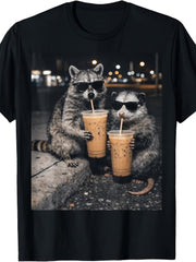 Retro Raccoon & Opossum Drinking Iced Coffee T-Shirt - Funny Cute Animal Graphic