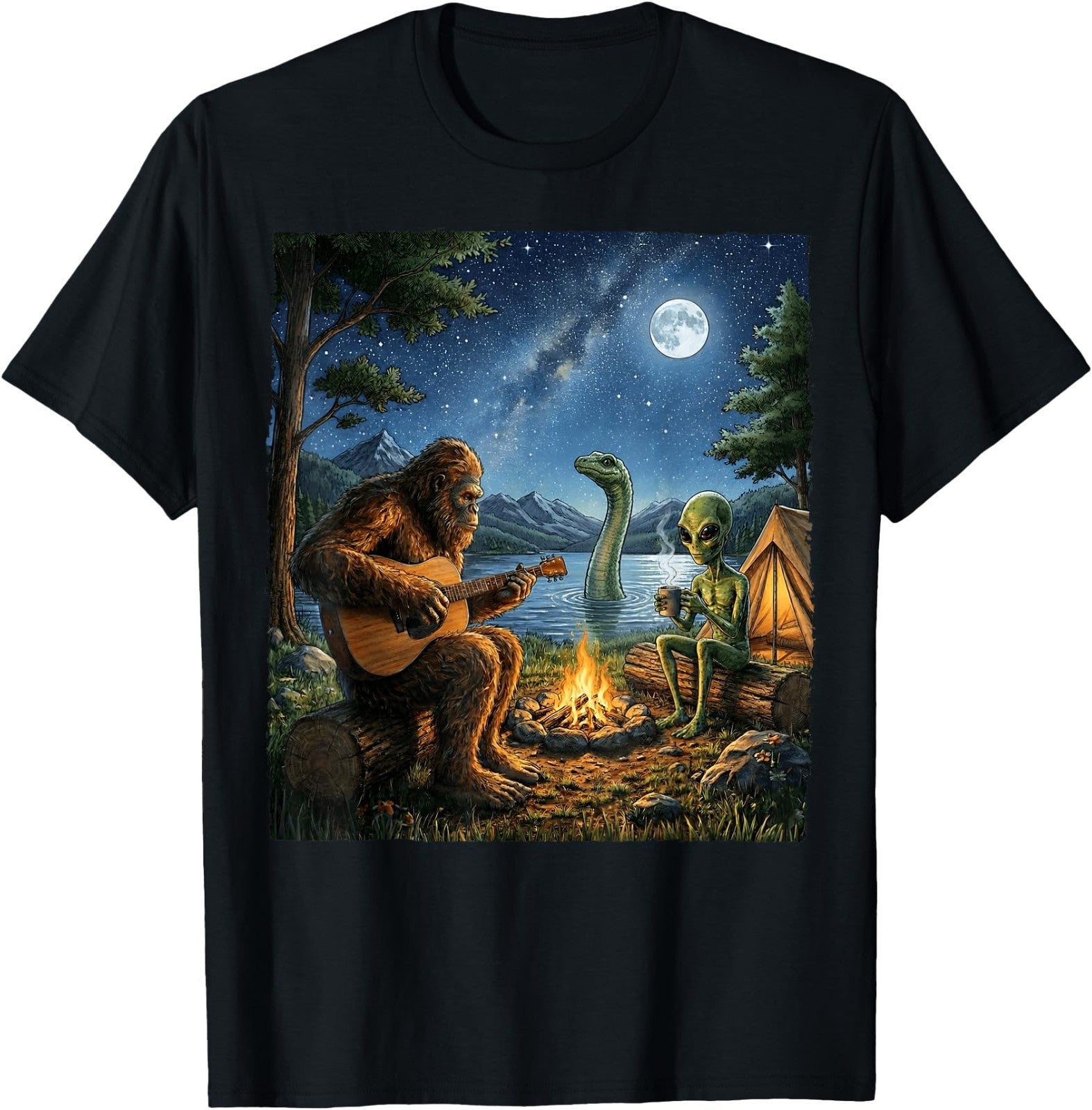 Bigfoot and Alien Loch Ness Campfire Sasquatch Funny Camping T-Shirt