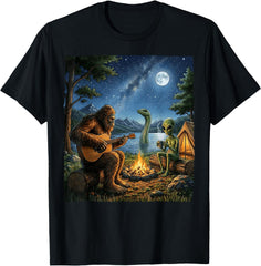 Bigfoot and Alien Loch Ness Campfire Sasquatch Funny Camping T-Shirt