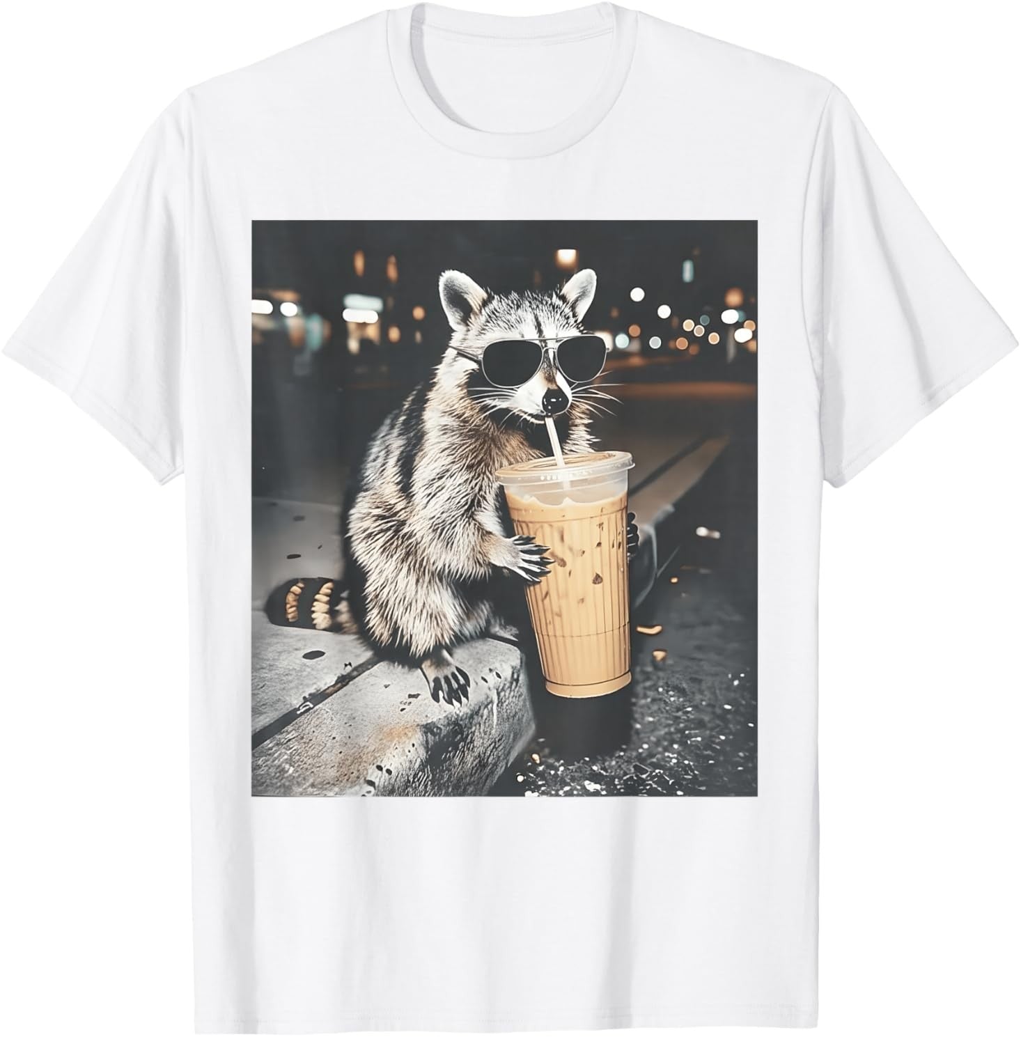 Raccoon Drinking Iced Coffee Funny Animal Meme Men Women T-Shirt