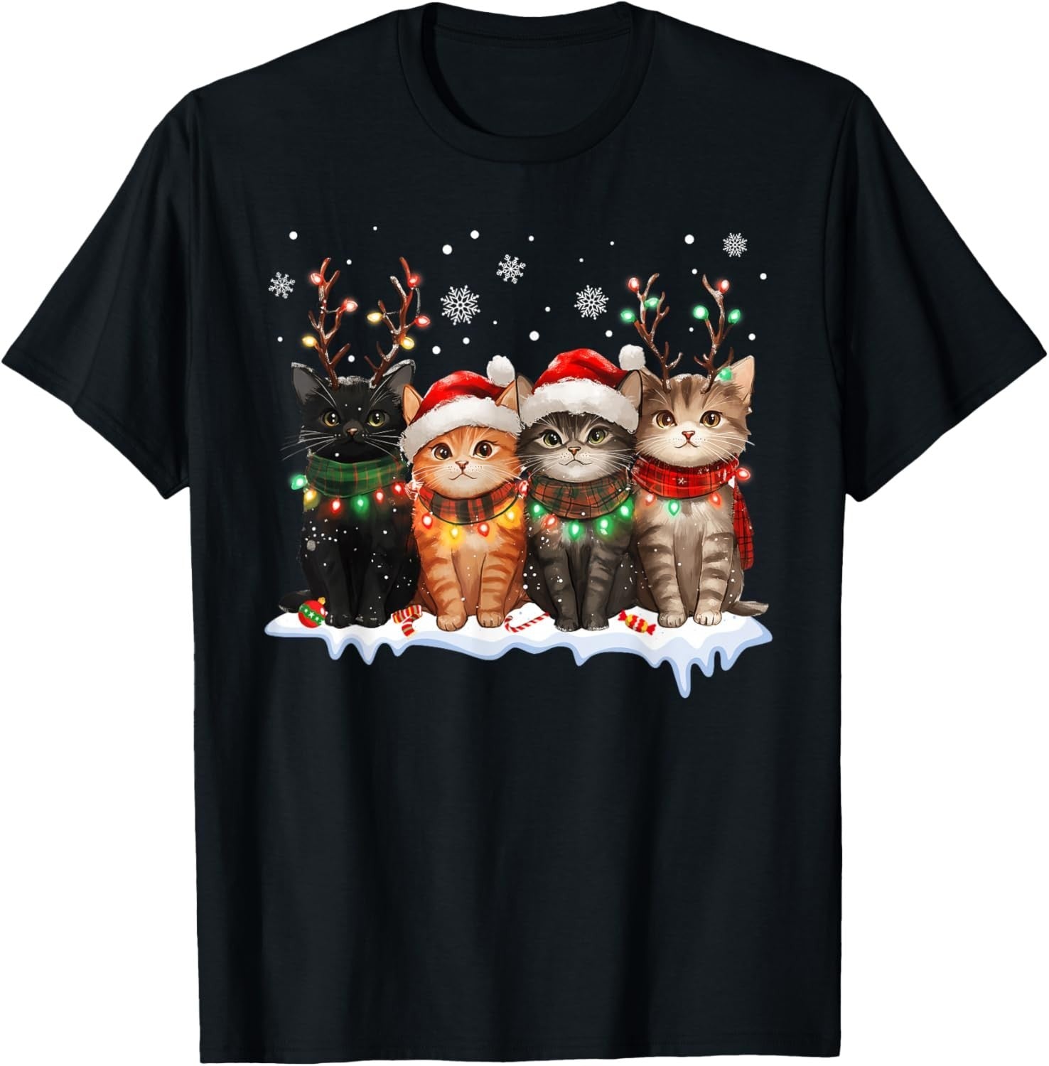 Cat Christmas Light Santa Christmas Cat Lover T-Shirt