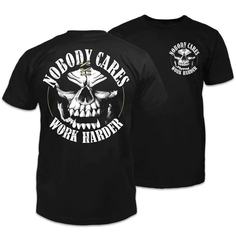 Men's Nobody Cares Work Harder Fitness Graphic T-Shirt Men's Skull Gym Motivation Graphic Workout Tee