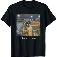 I Live Here Now Raccoon T-Shirt Baseball Fan Funny Graphic Tee White Cotton