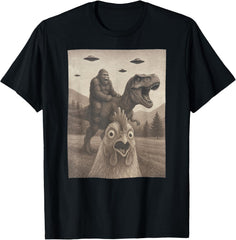 Funny Bigfoot Riding Dinosaur UFO T-Shirt - Retro Weird Chicken Selfie Tee