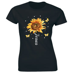 Jesus With Sunflower And Butterflies Cute Christian Religious Unisex Tee