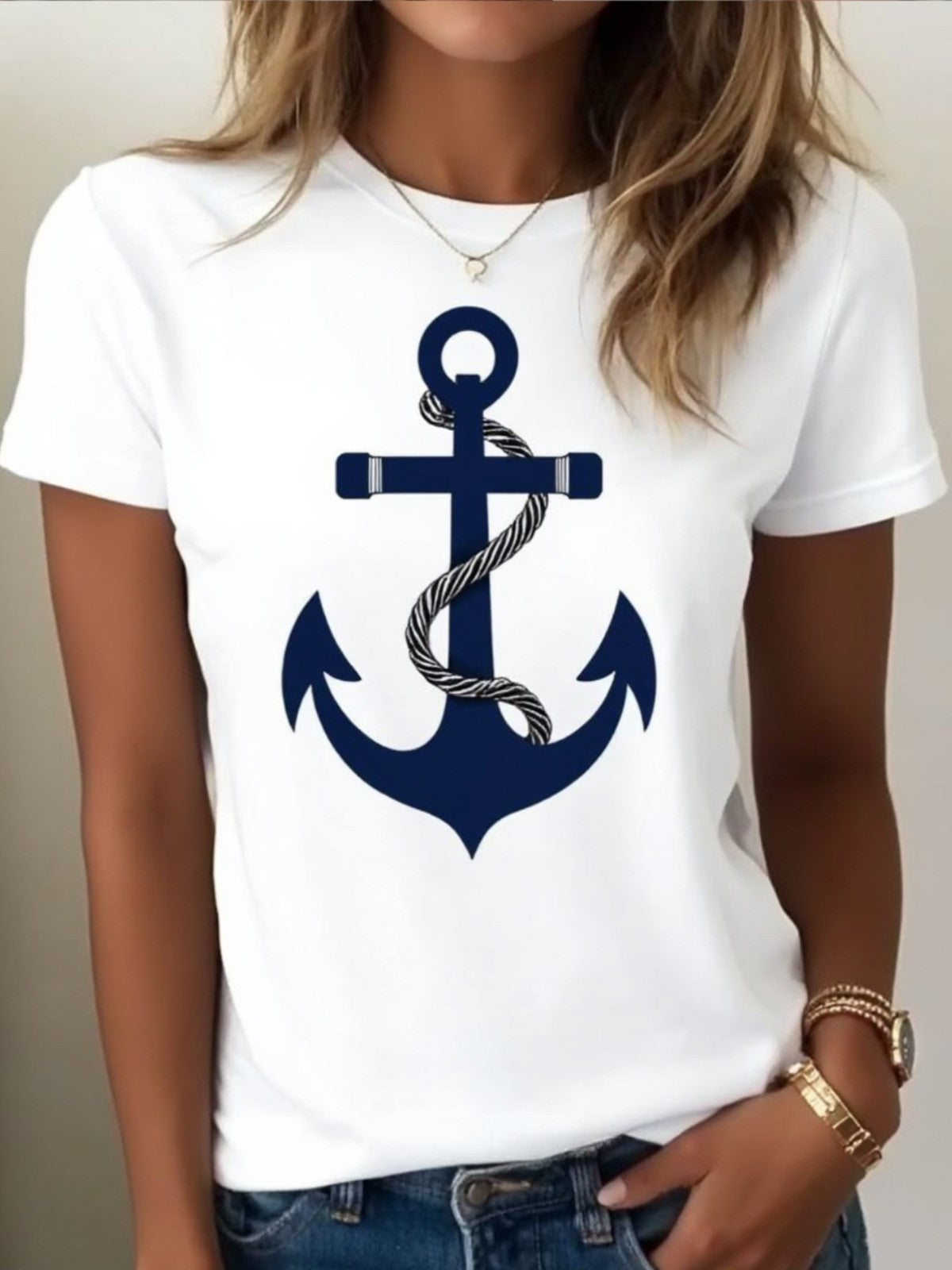 Women Nautical Anchor Graphic T-Shirt Casual Summer Crew Neck White Tee Top
