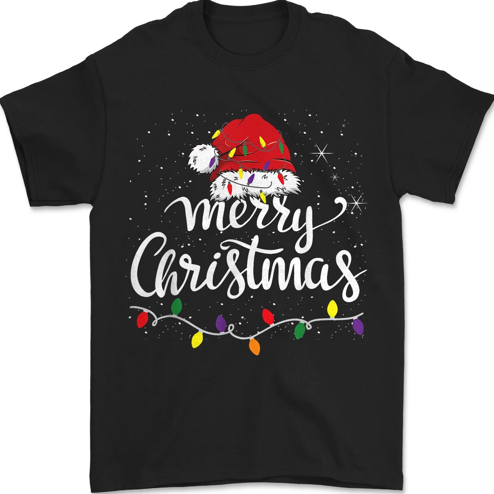 Merry Christmas Lights Red Santa Hat Xmas Family Unisex T-Shirt