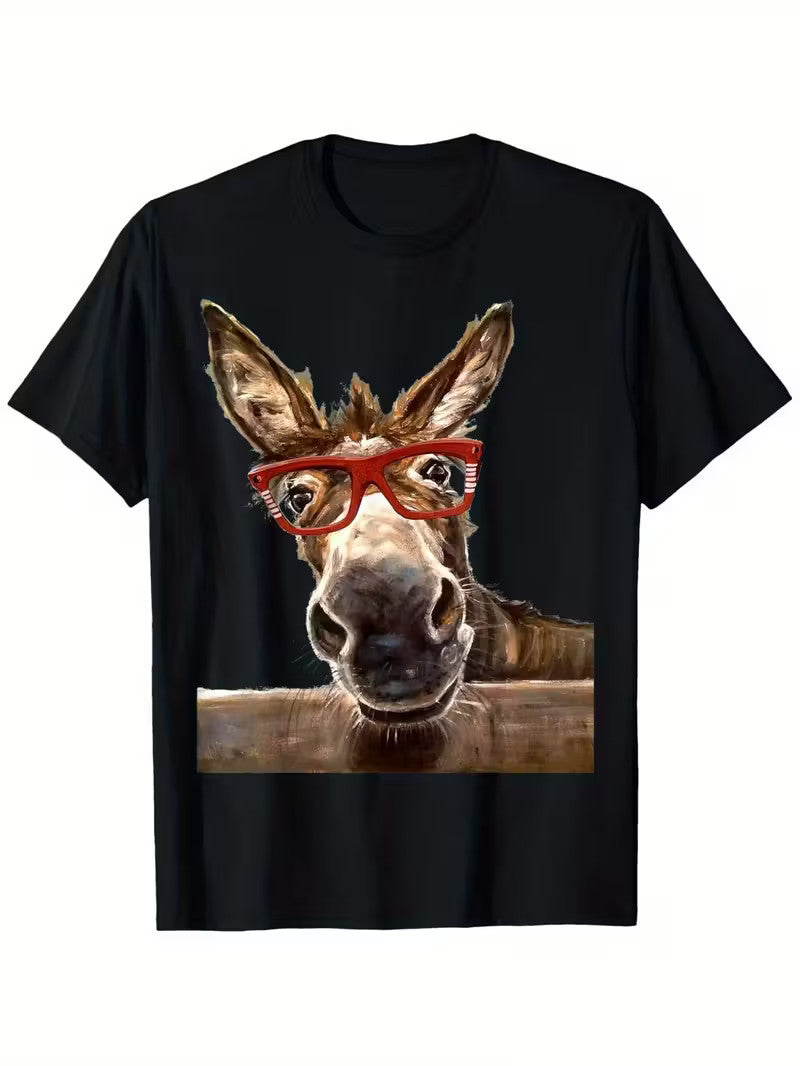 Funny Donkey With Glasses Cute Round Neck Graphic Unisex Shirt