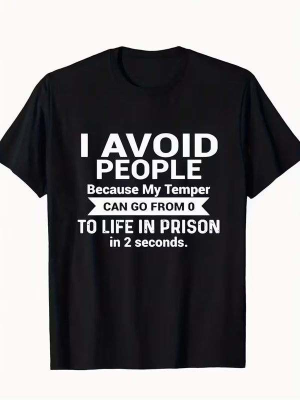 Men's Black Cotton Graphic T-Shirt - "I Avoid People" Funny Sarcastic Print, Round Neck