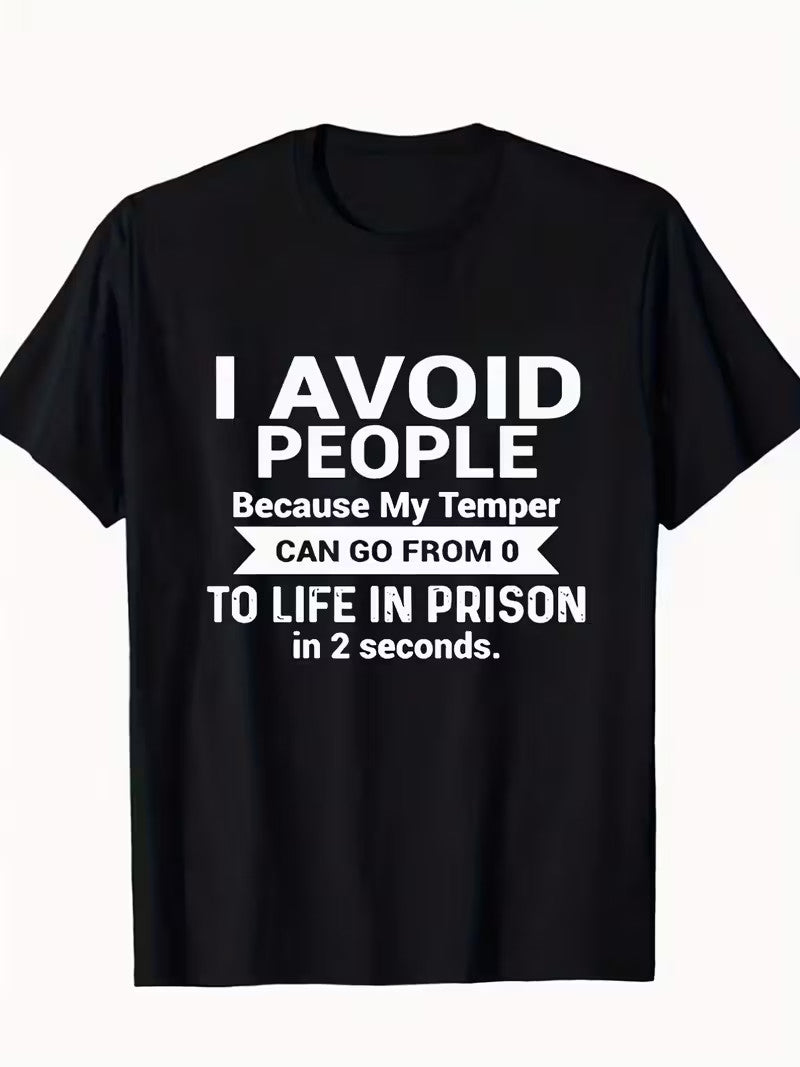 Men's Black Cotton Graphic T-Shirt - "I Avoid People" Funny Sarcastic Print, Round Neck