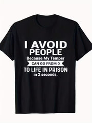 Men's Black Cotton Graphic T-Shirt - "I Avoid People" Funny Sarcastic Print, Round Neck