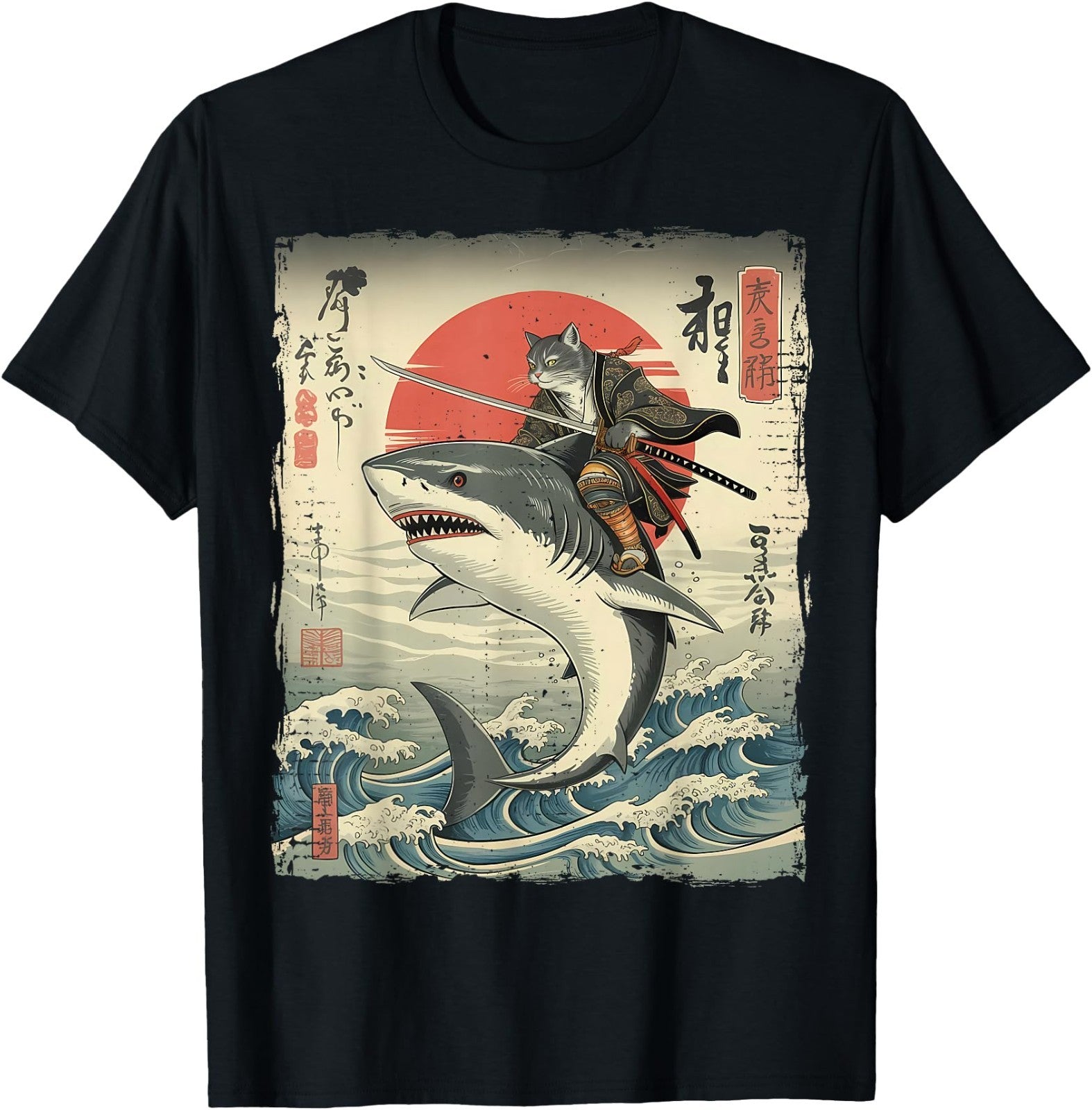 Funny Cat Riding Shark Japanese Ukiyo-e Art Samurai Cat T-Shirt