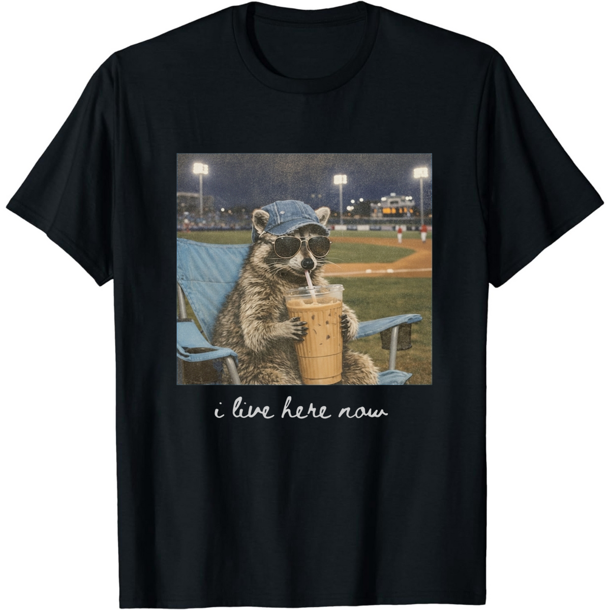 I Live Here Now Raccoon T-Shirt Baseball Fan Funny Graphic Tee White Cotton