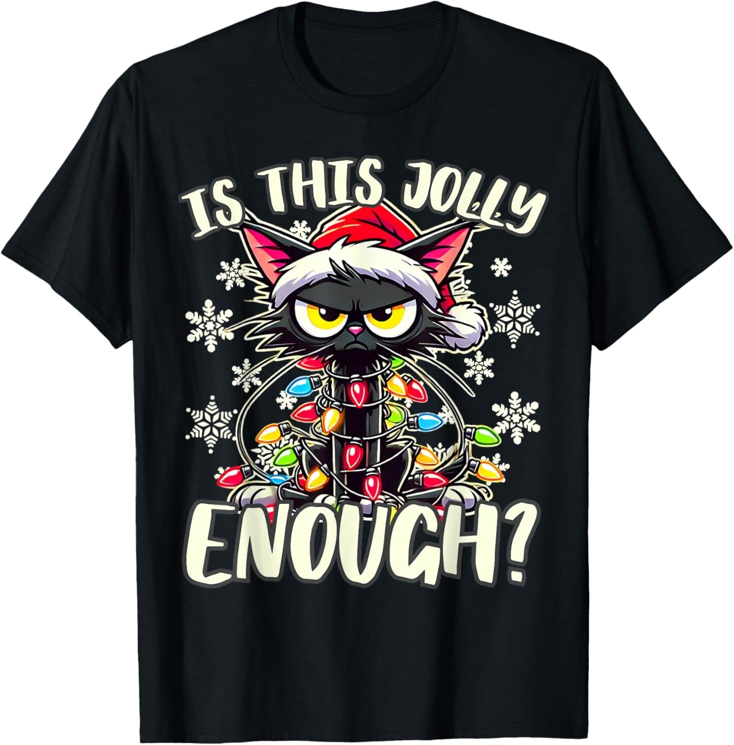 Is This Jolly Enough Funny Black Cat Christmas Tree Lights T-Shirt