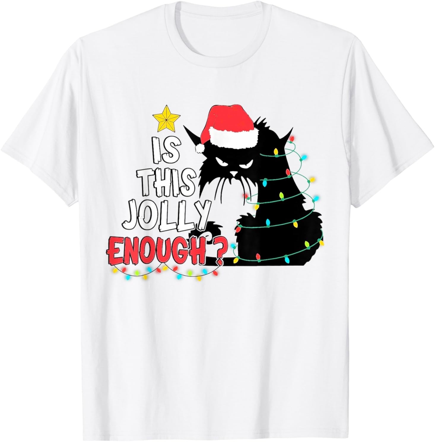 Is This Jolly Enough Black Cat Merry Christmas Tree Lights T-Shirt