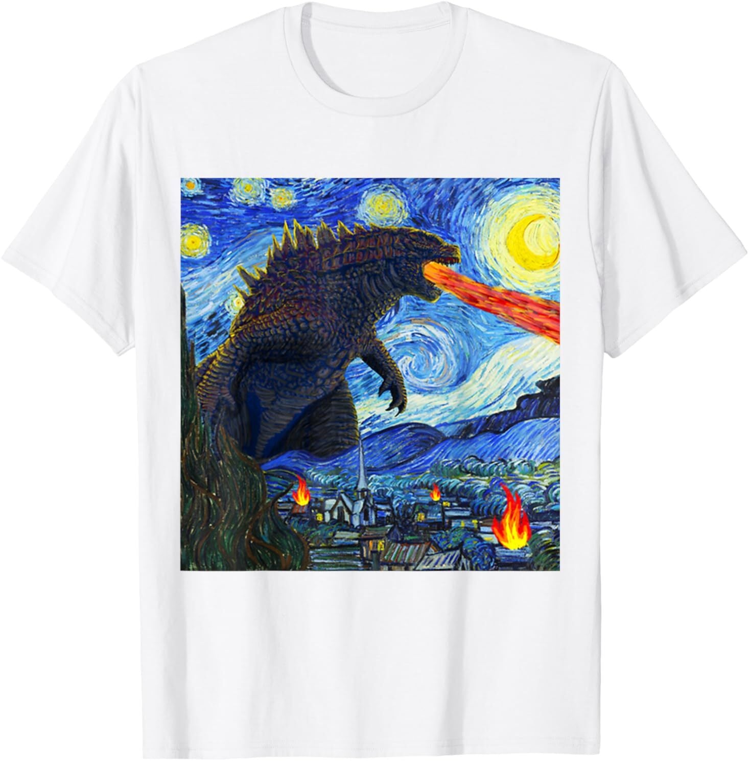 Vintage Japanese Monster Kaiju In Van Gogh Starry Night T-Shirt
