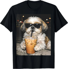 Funny Shih Tzu Drinking Iced Coffee Dog Meme Pet Lover Cute Unisex Tee