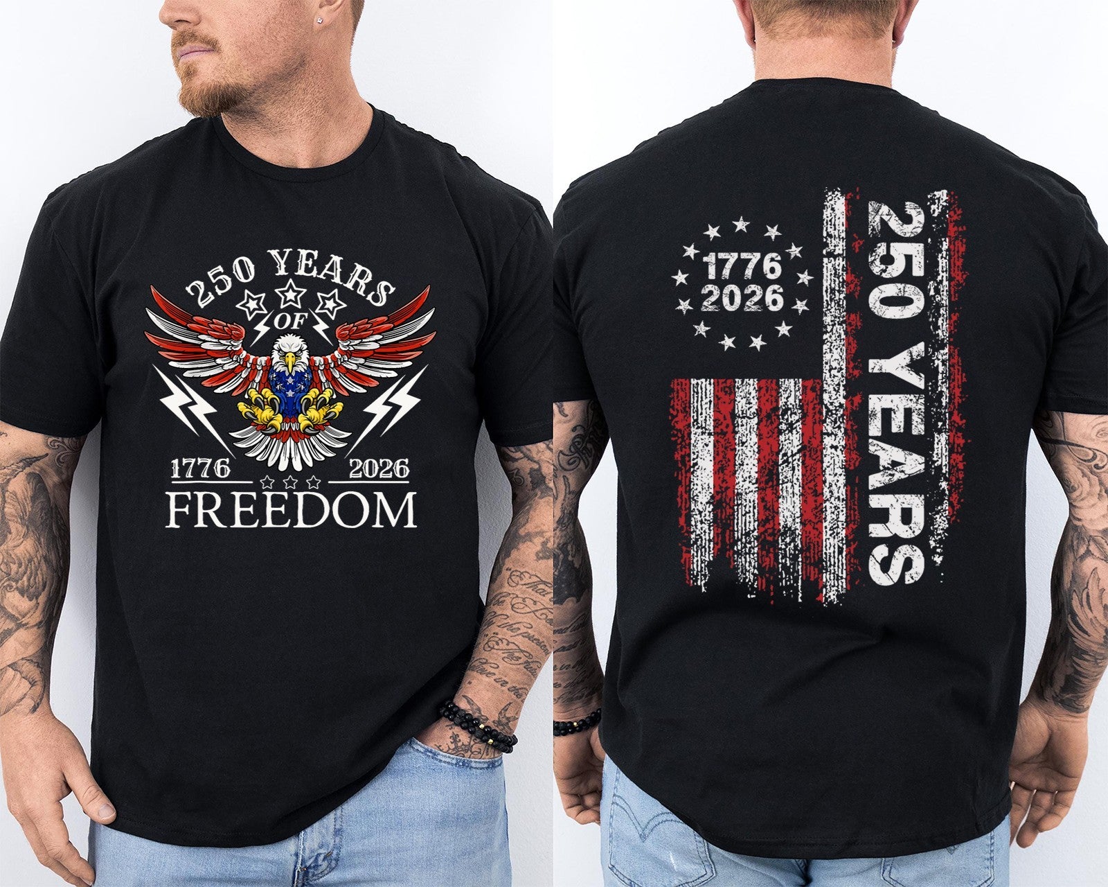 America 250th Birthday US Flag 250 Years Eagle Patriotic 1776-2026 2 Sided Tee