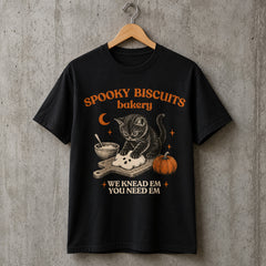 Spooky Biscuits Bakery Tshirt Halloween Cat Print Graphic Tshirt Men Women Casual Tee Halloween Gift