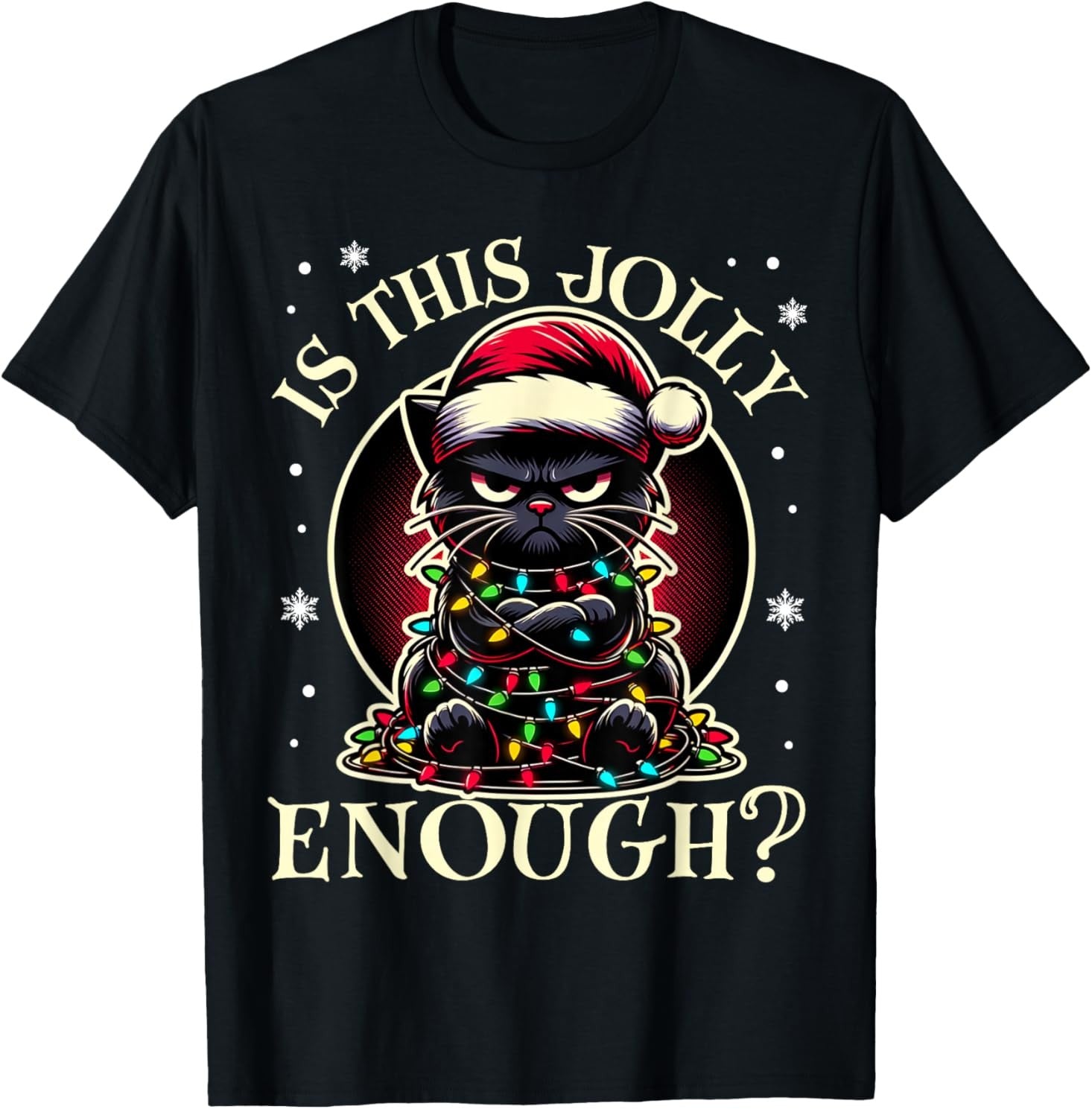 Is This Jolly Enough Funny Black Cat Christmas Tree Lights T-Shirt