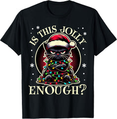 Is This Jolly Enough Funny Black Cat Christmas Tree Lights T-Shirt