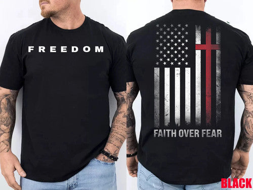 Faith Over Freedom Christian USA Flag Double Sided Memorial Unisex Tee